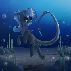 Size: 2160x2160 | Tagged: safe, artist:twigpaste, derpibooru import, oc, oc:lacera viscera, unofficial characters only, original species, pony, shark, shark pony, blue eyes, blue mane, bubble, crepuscular rays, digital art, dorsal fin, fangs, female, fin, fish tail, flowing mane, flowing tail, glow, grin, high res, image, lidded eyes, mare, ocean, png, ponytail, rock, seaweed, smiling, solo, solo female, sunlight, swimming, tail, teeth, underwater, water