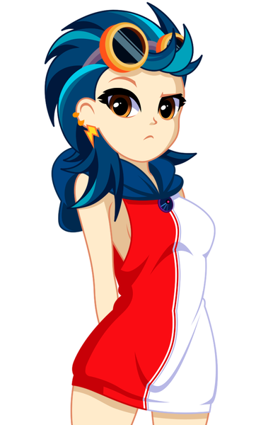 Size: 680x1127 | Tagged: safe, artist:rosemile mulberry, derpibooru import, indigo zap, human, equestria girls, arm behind back, breasts, clothes, ear piercing, earring, female, goggles, image, jewelry, piercing, png, sideboob, simple background, sleeveless, solo, updated design, white background