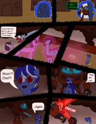 Size: 1076x1384 | Tagged: safe, artist:yamston, derpibooru import, twilight sparkle, oc, oc:lance greenfield, oc:little fawn, earth pony, pegasus, robot, unicorn, zebra, 2023, abandoned, attack, brick wall, building, comic, crossover, dialogue, door, eggpawn, group, image, living the dream, neglect, png, red eyes, red stripes, shadow the hedgehog, smoke, sonic the hedgehog (series), speech bubble, stripes, text, unicorn twilight, zebra oc