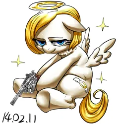 Size: 600x630 | Tagged: safe, artist:nekubi, derpibooru import, oc, unofficial characters only, pegasus, pony, gun, handgun, image, jpeg, lidded eyes, looking at you, neck fluff, nimbus, revolver, simple background, sitting, smiling, solo, weapon, white background