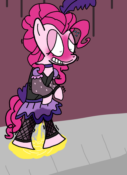 Size: 1080x1481 | Tagged: questionable, artist:dumont pictures, derpibooru import, edit, pinkie pie, earth pony, pony, over a barrel, accident, blushing, clothes, desperation, dress, embarrassed, fishnets, humiliation, image, incontinence, need to pee, omorashi, peeing in the dress, pissing, pissing on self, png, potty emergency, potty failure, potty time, public humiliation, saloon dress, saloon pinkie, solo, stage, urine, wetting