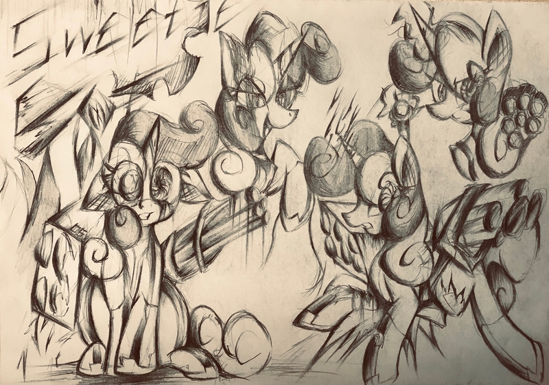 Size: 3874x2717 | Tagged: safe, artist:lydia, derpibooru import, sweetie belle, pony, robot, unicorn, angry, broken, excited, explosion, fire, gun, image, jpeg, magic, nervous, open mouth, paper, pencil, pencil drawing, sad, scared, sitting, sketch, sweetie bot, traditional art, war, weapon