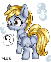 Size: 600x720 | Tagged: safe, artist:nekubi, derpibooru import, derpy hooves, pegasus, pony, bubble butt, butt, female, image, jpeg, looking at you, looking back, looking back at you, mare, plot, question mark, simple background, solo, standing, white background