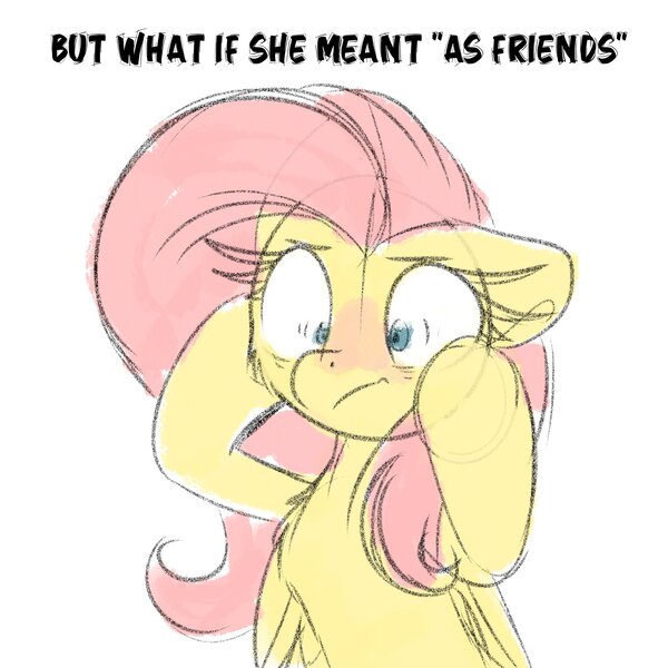 Size: 1925x1926 | Tagged: safe, artist:littleblackraencloud, derpibooru import, fluttershy, pegasus, pony, anxious, female, frown, image, jpeg, mare, shrunken pupils, simple background, solo, text, white background