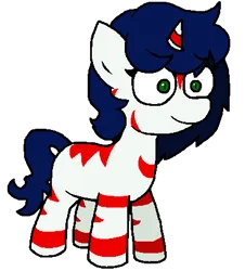 Size: 397x440 | Tagged: safe, artist:yamston, derpibooru import, oc, oc:yancy greenfield, unofficial characters only, pony, unicorn, zebra, zebracorn, 2023, blue mane, female, filly, foal, green eyes, horn, image, living the dream, png, red stripes, simple background, solo, stripes, transparent background, white coat