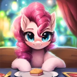 Size: 2560x2560 | Tagged: safe, derpibooru import, machine learning generated, novelai, stable diffusion, pinkie pie, earth pony, pony, abstract background, ai content, blushing, cute, female, food, high res, image, indoors, looking at you, mare, png, prompter:endless--, sitting, smiling, smiling at you, solo, table