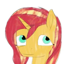 Size: 1700x1500 | Tagged: safe, artist:the crystal artist, derpibooru import, sunset shimmer, pony, unicorn, badly coloured, badly drawn, colored sketch, derpibooru exclusive, digital art, equestria girls 10th anniversary, female, image, looking sideways, mare, png, quick draw, quickly drawn, simple background, sketch, smiling, solo, white background
