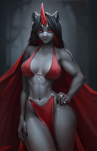 Size: 1896x2952 | Tagged: safe, artist:dacsy, derpibooru import, king sombra, anthro, original species, unicorn, abs, belly button, black hair, breasts, busty queen umbra, cape, clothes, female, fit, image, loincloth, png, queen umbra, red bra, red dress, red eyes, rule 63, solo, toned, toned female, umbra pony