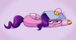 Size: 1366x728 | Tagged: safe, artist:zendora, derpibooru import, idw, pipp petals, pegasus, pony, g5, spoiler:comic, spoiler:g5comic, spoiler:g5comic11, book, female, frown, idw interpretation, image, jpeg, lying down, mare, pink background, pipp petals is not amused, scene interpretation, side, simple background, solo, unamused