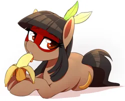 Size: 2100x1700 | Tagged: suggestive, artist:thebatfang, derpibooru import, oc, oc:kuruminha, earth pony, pony, banana, eating, face paint, feather, food, fruit, image, licking, licking food, lidded eyes, looking at you, lying down, png, prone, simple background, solo, tongue out