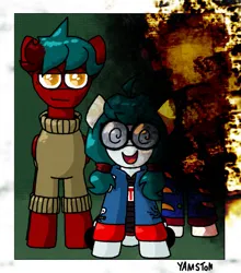 Size: 779x886 | Tagged: safe, artist:yamston, derpibooru import, oc, oc:babel yarn, oc:red storm, oc:viviana, unofficial characters only, earth pony, pegasus, pony, 2023, clothes, earth pony oc, family photo, female, glasses, green hair, hoodie, image, living the dream, male, mare, obscured face, pegasus oc, pigtails, png, red coat, smug, stallion, sweater, trio, wings, yellow eyes