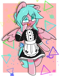 Size: 1497x1951 | Tagged: safe, artist:lavsunrise, derpibooru import, oc, oc:nano(nanopone), pegasus, semi-anthro, clothes, front view, glasses, image, maid, png, raised hoof, smiling, solo, spread wings, wings