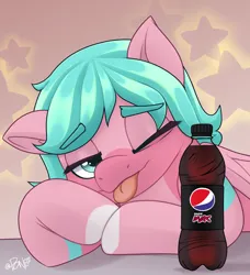 Size: 1368x1500 | Tagged: safe, artist:rivin177, derpibooru import, oc, oc:nano(nanopone), pegasus, bottle, drink, front view, hooves together, image, logo, looking at you, one eye closed, pepsi, png, soda, solo, tongue out, wings, wink, winking at you