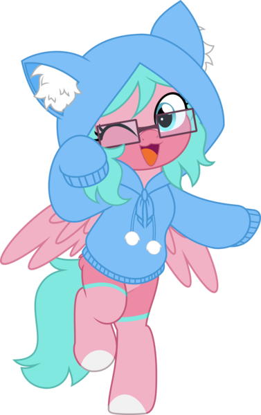 Size: 3138x5000 | Tagged: safe, artist:jhayarr23, derpibooru import, oc, oc:nano(nanopone), unofficial characters only, pegasus, bipedal, clothes, ear fluff, front view, glasses, happy, hoodie, image, looking at you, one eye closed, png, raised hoof, simple background, smiling, solo, spread wings, transparent background, vector, wings, wink, winking at you