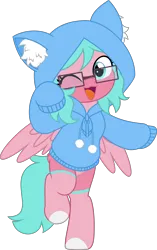 Size: 3138x5000 | Tagged: safe, artist:jhayarr23, derpibooru import, oc, oc:nano(nanopone), unofficial characters only, pegasus, bipedal, clothes, ear fluff, front view, glasses, happy, hoodie, image, looking at you, one eye closed, png, raised hoof, simple background, smiling, solo, spread wings, transparent background, vector, wings, wink, winking at you