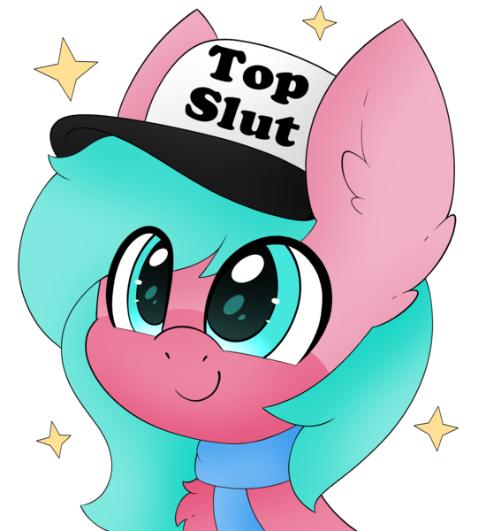 Size: 2456x2679 | Tagged: suggestive, artist:pegamutt, derpibooru import, oc, oc:nano(nanopone), unofficial characters only, pegasus, clothes, front view, happy, hat, image, png, scarf, simple background, smiling, solo, sparkles, text, transparent background