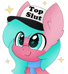 Size: 2456x2679 | Tagged: suggestive, artist:pegamutt, derpibooru import, oc, oc:nano(nanopone), unofficial characters only, pegasus, clothes, front view, happy, hat, image, png, scarf, simple background, smiling, solo, sparkles, text, transparent background