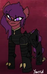 Size: 545x848 | Tagged: safe, artist:yamston, derpibooru import, oc, oc:strawell, unofficial characters only, earth pony, pony, 2022, armor, armored pony, female, image, living the dream, mare, png, purple eyes, purple mane, red background, red coat, scar, simple background, solo, tail, torn ear