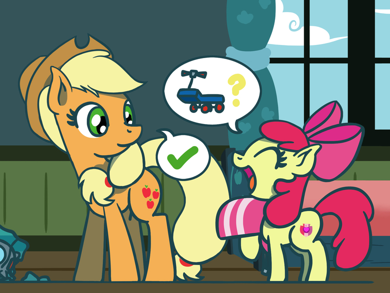 Size: 1800x1350 | Tagged: safe, artist:flutterluv, derpibooru import, part of a set, apple bloom, applejack, earth pony, pony, atg 2023, dialogue, duo, helmet, image, jpeg, newbie artist training grounds, speech bubble