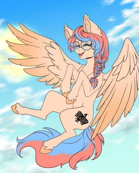 Size: 2160x2700 | Tagged: safe, artist:duskooky, derpibooru import, oc, oc:dracey, pegasus, braid, colored wings, commission, eyes closed, flying, glasses, gradient wings, image, open mouth, pegasus oc, png, single fang, tail, two toned mane, two toned tail, wings, ych result