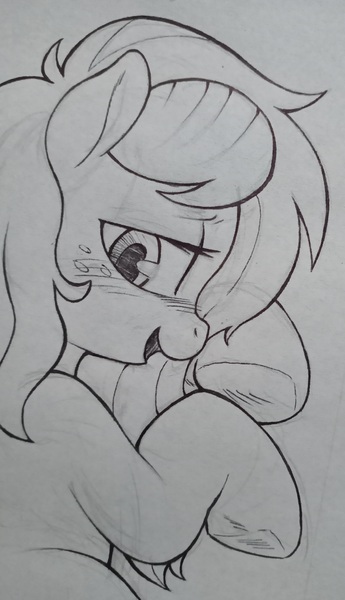 Size: 2320x4033 | Tagged: safe, artist:public mistake, derpibooru import, wallflower blush, ponified, earth pony, pony, equestria girls ponified, female, grayscale, image, jpeg, looking at you, looking back, looking back at you, mare, monochrome, open mouth, open smile, smiling, smiling at you, solo, traditional art, underhoof, wip