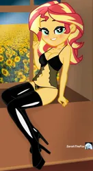 Size: 1308x2413 | Tagged: suggestive, artist:sarahthefox97, derpibooru import, sunset shimmer, equestria girls, belly button, black eyeshadow, boots, clothes, eyeshadow, female, flower, high heels, image, jpeg, lingerie, looking at you, makeup, sexy, shoes, smiling, smiling at you, solo, solo female, stupid sexy sunset shimmer, sunflower, thigh boots, watermark