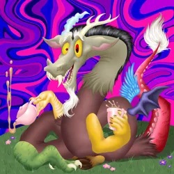 Size: 894x894 | Tagged: safe, artist:goreharvest, derpibooru import, discord, draconequus, abstract background, antlers, crazy eyes, floating, flower, grass, horn, image, jpeg, spread wings, tea party, teapot, the discord zone, wacky, wings
