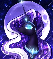 Size: 1800x2000 | Tagged: safe, artist:ryuko-rose, derpibooru import, nightmare rarity, pony, unicorn, blue eyes, bust, collar, crown, digital art, ethereal mane, eyeshadow, female, flowing mane, gem, glow, glowing eyes, glowing horn, high res, horn, image, jewelry, lidded eyes, long horn, looking at you, magic, makeup, mare, moon, night, peytral, png, portrait, purple mane, regalia, sky, smiling, smiling at you, solo, sparkles, starry mane, stars
