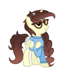 Size: 1013x1049 | Tagged: safe, artist:darbypop1, derpibooru import, oc, oc:darby, alicorn, pony, atg 2023, clothes, female, glasses, image, mare, newbie artist training grounds, paintbrush, png, shirt, simple background, solo, transparent background