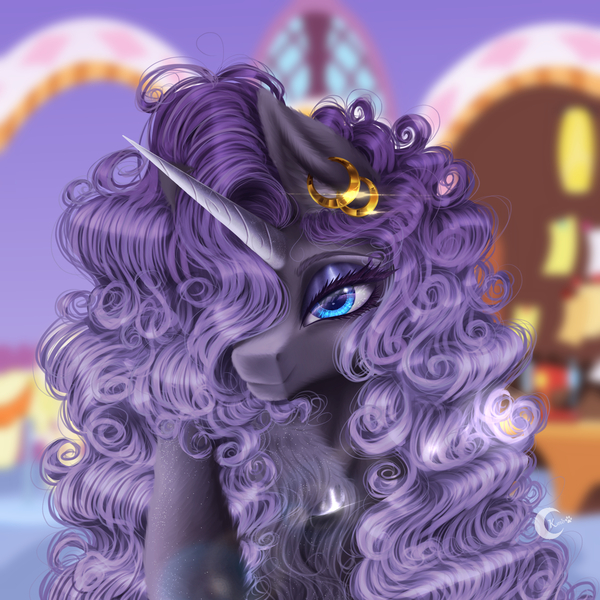 Size: 2200x2200 | Tagged: safe, artist:kimbombon, derpibooru import, nightmare rarity, pony, unicorn, blue eyes, blurry background, boutique, bust, colored pupils, curly hair, curly mane, digital art, ear piercing, eyelashes, eyeshadow, female, glow, high res, horn, image, jpeg, lidded eyes, long horn, looking at you, makeup, mare, piercing, portrait, purple mane, redesign, smiling, smiling at you, solo, speedpaint