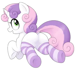 Size: 3000x2767 | Tagged: safe, artist:poole, edit, edited edit, ponybooru import, sweetie belle, pony, unicorn, butt, clothes, cute, diasweetes, dock, female, filly, foal, image, looking at you, looking back, looking back at you, open mouth, open smile, plot, png, rear view, simple background, smiling, smiling at you, socks, striped socks, sweetie butt, thigh highs, transparent background