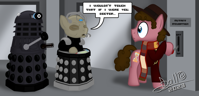 Size: 3264x1573 | Tagged: safe, artist:tidmouthmilk12, derpibooru import, doctor whooves, time turner, earth pony, pony, clothes, crossover, dalek, davros, doctor who, fourth doctor, fourth doctor's scarf, genesis of the daleks, hat, image, newbie artist training grounds, png, scarf, striped scarf