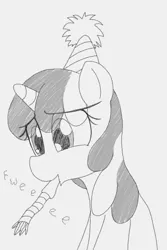 Size: 1080x1620 | Tagged: safe, artist:datte-before-dawn, oc, oc:righty tighty, unofficial characters only, pony, unicorn, birthday, eye clipping through hair, female, grayscale, hat, horn, image, jpeg, mare, monochrome, onomatopoeia, party hat, party horn, sad, solo, sound effects, unicorn oc