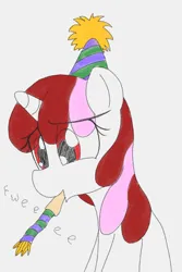 Size: 1080x1620 | Tagged: safe, alternate version, artist:datte-before-dawn, oc, oc:righty tighty, unofficial characters only, pony, unicorn, birthday, colored, cute, eye clipping through hair, female, hat, horn, image, jpeg, mare, onomatopoeia, party hat, party horn, sad, sadorable, solo, sound effects, unicorn oc