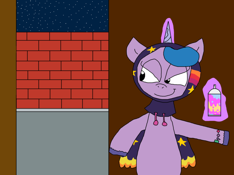 Size: 2000x1500 | Tagged: safe, artist:blazewing, derpibooru import, izzy moonbow, unicorn, g5, my little pony: tell your tale, atg 2023, brick wall, building, clothes, devious smile, drawpile, hoodie, image, magic, magic aura, newbie artist training grounds, night, png, smiling, sneaking, sneaksy, solo, spray paint, starry sky, street, telekinesis