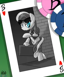 Size: 2500x3000 | Tagged: safe, artist:notadeliciouspotato, derpibooru import, bon bon, sweetie drops, earth pony, pony, atg 2023, bipedal, briefcase, female, gradient background, image, mare, newbie artist training grounds, playing card, png, secret agent sweetie drops, solo, watch