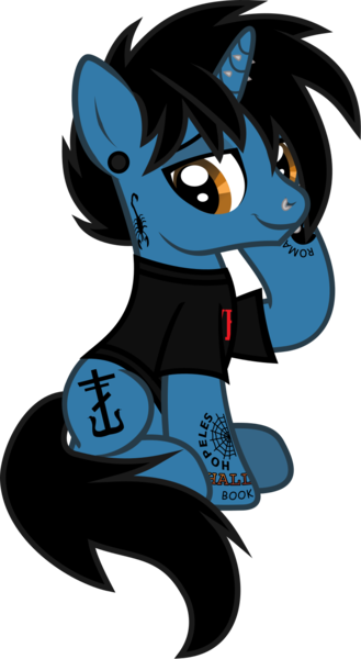 Size: 805x1467 | Tagged: safe, artist:lightningbolt, derpibooru import, ponified, pony, unicorn, .svg available, clothes, derpibooru exclusive, ear piercing, frank iero, gauges, horn, horn piercing, image, lidded eyes, lip piercing, looking at you, male, my chemical romance, nose piercing, piercing, png, raised hoof, shirt, show accurate, simple background, sitting, solo, stallion, t-shirt, tattoo, transparent background, vector