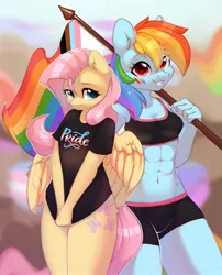 Size: 1657x2048 | Tagged: safe, artist:alphadesu, derpibooru import, fluttershy, rainbow dash, anthro, pegasus, abs, belly, breasts, cleavage, clothes, duo, flag, image, jpeg, looking at you, mouthpiece, pansexual pride flag, politics, pride, pride flag, pride month, shirt, smiling, transgender pride flag