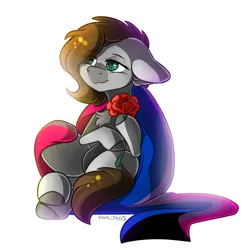 Size: 2060x2080 | Tagged: safe, artist:yuris, derpibooru import, oc, oc:cj vampire, unofficial characters only, earth pony, pony, alternate character, commission, demibisexual, flag, floppy ears, image, lgbt, png, pride, pride flag, pride month, simple background, sitting, smiling, solo, spread wings, white background, wings, ych result