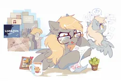 Size: 2048x1365 | Tagged: safe, artist:mirtash, derpibooru import, derpy hooves, pegasus, pony, :p, amazon.com, box, coffee, coffee mug, cute, derpabetes, female, glasses, image, implied princess luna, jpeg, list, mare, mug, plant, plant pot, question mark, solo, tongue out