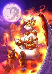 Size: 910x1300 | Tagged: suggestive, artist:atryl, derpibooru import, daybreaker, anthro, unguligrade anthro, armor, big breasts, breasts, busty daybreaker, cleavage, commission, female, fire, full moon, gauntlet, hand wraps, image, lidded eyes, mane of fire, mare in the moon, moon, night, png, signature, solo, solo female, unconvincing armor