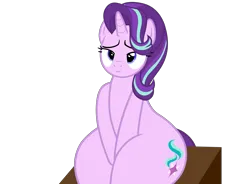 Size: 4600x3379 | Tagged: suggestive, artist:duskyzombie, derpibooru import, starlight glimmer, pony, unicorn, bedroom eyes, butt, female, glimmer glutes, image, lidded eyes, mare, pear shaped, png, simple background, sitting, smiling, solo, thick, thighs, thunder thighs, transparent background, vector, wide hips