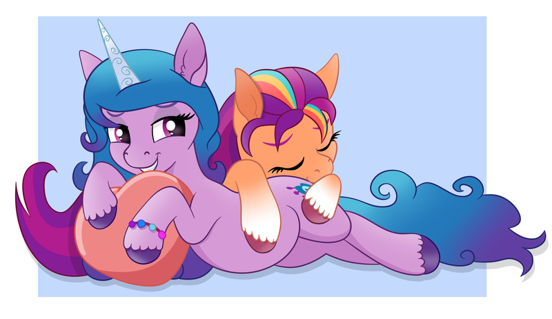 Size: 3900x2250 | Tagged: safe, artist:szafir87, derpibooru import, izzy moonbow, sunny starscout, earth pony, pony, unicorn, g5, belly, bracelet, cuddling, cute, duo, eyes closed, female, friendship bracelet, heart, image, izzybetes, izzyscout, jewelry, lesbian, mare, pillow, png, shipping, sleeping, smiling, sunnybetes, unshorn fetlocks