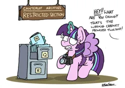 Size: 2328x1639 | Tagged: safe, artist:bobthedalek, derpibooru import, starlight glimmer, pony, unicorn, alternate hairstyle, atg 2023, camera, canterlot archives, caught, disguise, fake wings, female, file, file cabinet, glow, glowing horn, gritted teeth, horn, image, mare, nervous sweat, newbie artist training grounds, offscreen character, paper-thin disguise, png, sign, solo, sweat, sweatdrops, teeth
