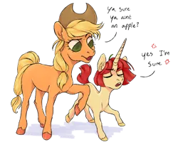 Size: 1024x846 | Tagged: safe, artist:leechetious, derpibooru import, applejack, oc, oc:manza, earth pony, pony, unicorn, duo, eyes closed, female, image, mare, png, simple background, speech bubble, transparent background