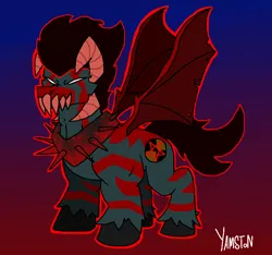 Size: 960x900 | Tagged: safe, artist:yamston, derpibooru import, oc, oc:jun, unofficial characters only, demon, demon pony, original species, pony, antagonist, collar, horns, horse collar, image, living the dream, male, membranous wings, muscles, pentagram, png, red stripes, sharp teeth, solo, spiked collar, stallion, stripes, teeth, wings