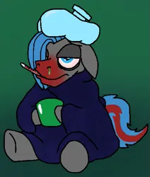 Size: 467x552 | Tagged: safe, artist:yamston, derpibooru import, oc, oc:mark greenfield, unofficial characters only, pony, 2022, blanket, blue mane, cup, gray coat, green background, image, living the dream, png, sick, simple background, sitting, snot, solo, thermometer