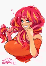 Size: 1400x2000 | Tagged: safe, artist:sozglitch, derpibooru import, sunset shimmer, human, bare shoulders, big breasts, breasts, busty sunset shimmer, female, floating heart, grin, hair pulling, heart, huge breasts, humanized, image, jpeg, looking at you, nail polish, signature, simple background, smiling, smiling at you, solo, white background