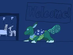 Size: 1000x750 | Tagged: safe, artist:mintwhistle, derpibooru import, posey (g5), oc, unnamed oc, changedling, changeling, earth pony, pony, g5, atg 2023, bald, balloon, changedling oc, changeling oc, colored, doorway, female, flat colors, g5 oc, image, jewelry, limited palette, male, mare, necklace, newbie artist training grounds, no nose, one eye closed, partial color, party, plate, png, sign, simplified, smiling, sneaking, solo focus, table, tablecloth, welcome, wink