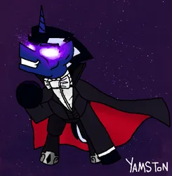 Size: 603x615 | Tagged: safe, artist:yamston, derpibooru import, oc, oc:star chaser(ltd), alicorn, pony, 2022, antagonist, blue coat, cape, clothes, evil, evil grin, glow, glowing eyes, grin, horn, image, living the dream, png, smiling, solo, suit